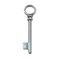 Shiny silver key with a circular hole and sleek finish png