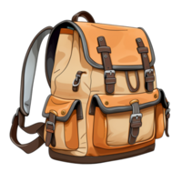 Stylish backpack in orange and blue with multiple zippers and straps png