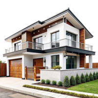 Modern Two Story House with Wood and White Exterior Design png