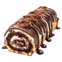 Delicious Chocolate Cake Roll with Creamy Filling and Ganache Drizzle png