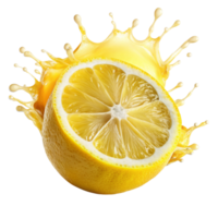 Refreshing Lemon Juice Splash A vibrant image of a sliced lemon with a dynamic juice splash png