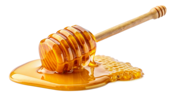 Golden Honey Dripping from a Wooden Honey Dipper onto Honeycomb png