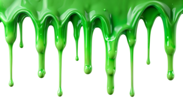 Closeup view of vibrant green slime dripping down, showcasing its gooey texture and glossy surface png