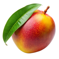 A Single Ripe Mango with Green Leaf Isolated on Black Background Delicious Tropical Fruit png
