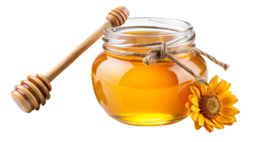 A Jar of Golden Honey with Wooden Honey Dipper and Sunflower png
