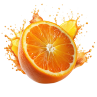 A vibrant image of a juicy orange sliced in half with splashing orange juice droplets creating a dynamic and refreshing visual png
