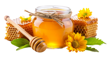 Honeycomb Honey in Jar with Wooden Honey Dipper and Yellow Flowers png