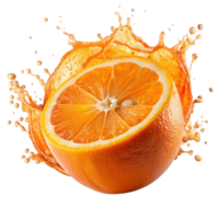 A vibrant half orange splashing in a burst of fresh juice, showcasing its juicy segments and bright citrus color against a black background png
