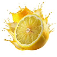 Refreshing Lemon Juice Splash with Slices and Zest a vibrant image of a lemon cut in half with juice splashing png
