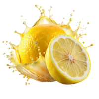 A vibrant image of a whole lemon and a lemon half with splashing juice, showcasing the citrus fruit's juicy and refreshing nature png