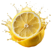 A Sliced Lemon with Splashing Juice on Black Background A Vibrant Image of Freshness and Zest png