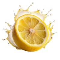 A Juicy Lemon Half with Splashing Citrus Juice in Dynamic Motion png