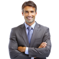 Portrait of a successful and confident businessman in a gray pinstripe suit png