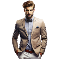 A Handsome Man in a Beige Suit Jacket and White Pants with a Bow Tie png
