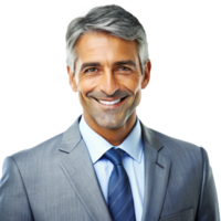 Portrait of a successful and happy middleaged businessman with gray hair wearing a gray suit and blue tie png