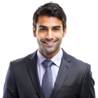 Portrait of a smiling Indian businessman in a pinstripe suit and tie png