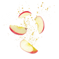 Red Apple Slices Splashing and Exploding in Mid Air with Juice and Particles png