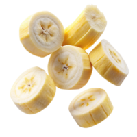 Closeup view of multiple banana slices falling against a black background, showcasing their creamy yellow color and soft texture png
