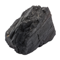 Closeup view of a single piece of black charcoal, showing its rough texture and porous surface png