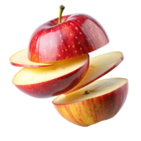A perfectly ripe red apple sliced into four delicious pieces floating against a black background png