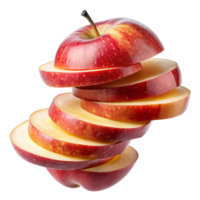 A perfectly ripe red apple sliced into thin circular pieces floating in midair against a black background png