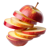 A perfectly sliced red apple floats in midair showing its juicy inside and vibrant color png