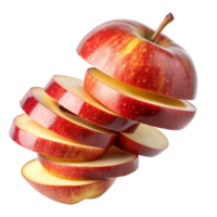 A perfectly sliced red apple levitating against a black background showcasing its juicy texture and vibrant color png