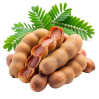 Closeup of Fresh Tamarind Fruits with Green Leaves on Black Background png