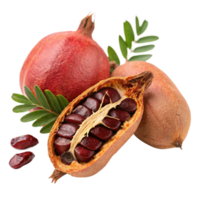 Closeup of Pomegranate Fruit with Seeds and Leaves png