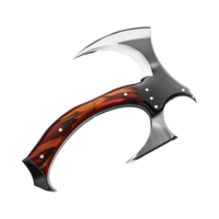 Sleek Modern Throwing Axe with Red Wood Handle and Sharp Curved Blades png