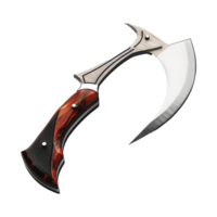 Unique Curved Axe with Red and Black Wood Handle and Silver Blade png