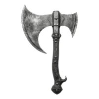 A Detailed View of a Weathered Medieval DoubleBladed Battle Axe with Ornate Handle png