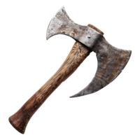 A weathered double bit axe with a dark wooden handle, a rustic tool with a worn metal head png