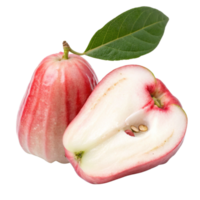 Vibrant Red Rose Apple with its Leaf and Half Sliced Showing Seeds and Pulp png