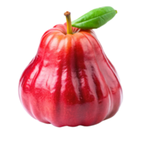A single ripe red wax apple with a green leaf on a black background png
