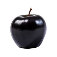 A Single Black Apple with a Shiny Surface and Brown Stem on White Background png