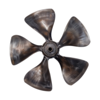 Closeup view of a large five bladed bronze propeller showing significant wear and tear png