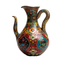 Ornate HandPainted Middle Eastern Ewer Pitcher with Floral and Geometric Designs png