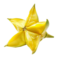 A vibrant yellow star fruit, also known as carambola, showcasing its unique star shape and juicy texture, isolated on a white background with a blurred yellow and beige backdrop png