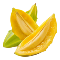 Closeup of ripe star fruits showing their vibrant yellow color and juicy texture png
