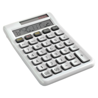 Highangle closeup shot of a white calculator with a large display showing the number 670310 png