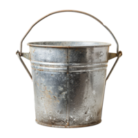 A weathered galvanized metal bucket with a rusty wire handle png