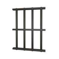 A 3D rendering of a dark gray metal jail cell window or prison bars with a square frame and three vertical bars png