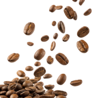 Roasted Coffee Beans Falling on a Pile of Coffee Beans Dark Background png