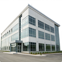 Modern White Office Building with Large Windows and Ample Parking png