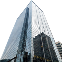 A Stunning Low Angle View of a Modern Glass Skyscraper Reflecting the Cityscape png