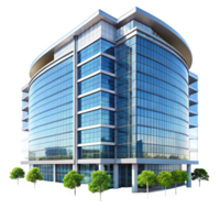 Modern Glass Office Building Architectural Rendering with Lush Greenery png