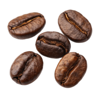 High resolution close up image of four roasted coffee beans isolated on black background png