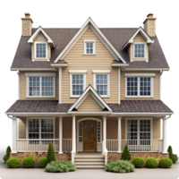 Beautiful Two Story Tan House with Brown Roof and White Columns png