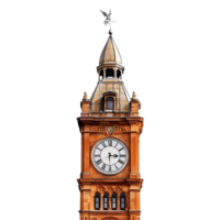 A Detailed View of an Ornate Brick Clock Tower with Roman Numerals and Architectural Details png